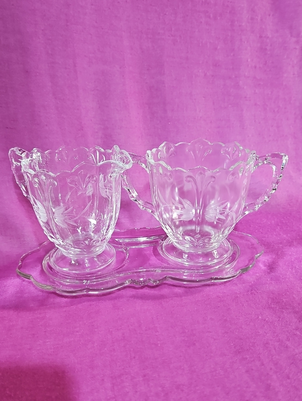 Etched Creamer & Open Sugar with Ornate Handles, Scalloped Rims, & Pedestal Base
